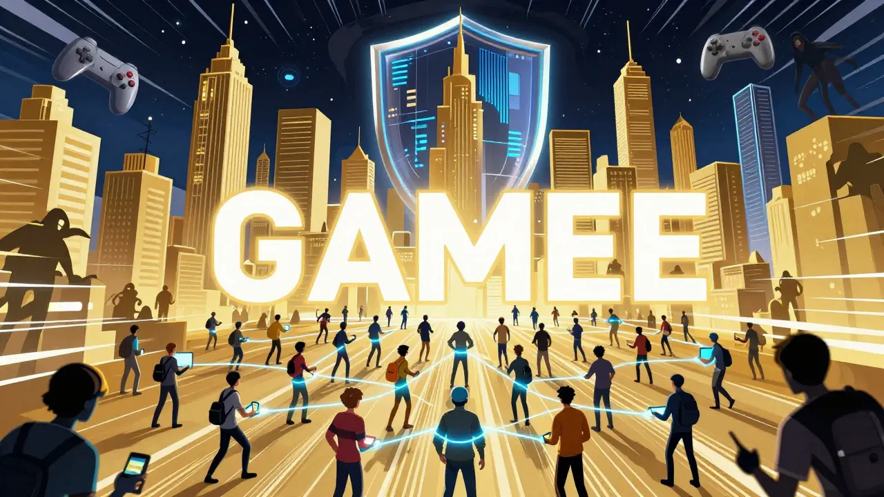 Graphic novel scene of a digital cityscape with connected gamers, representing GAMEE's large user base.