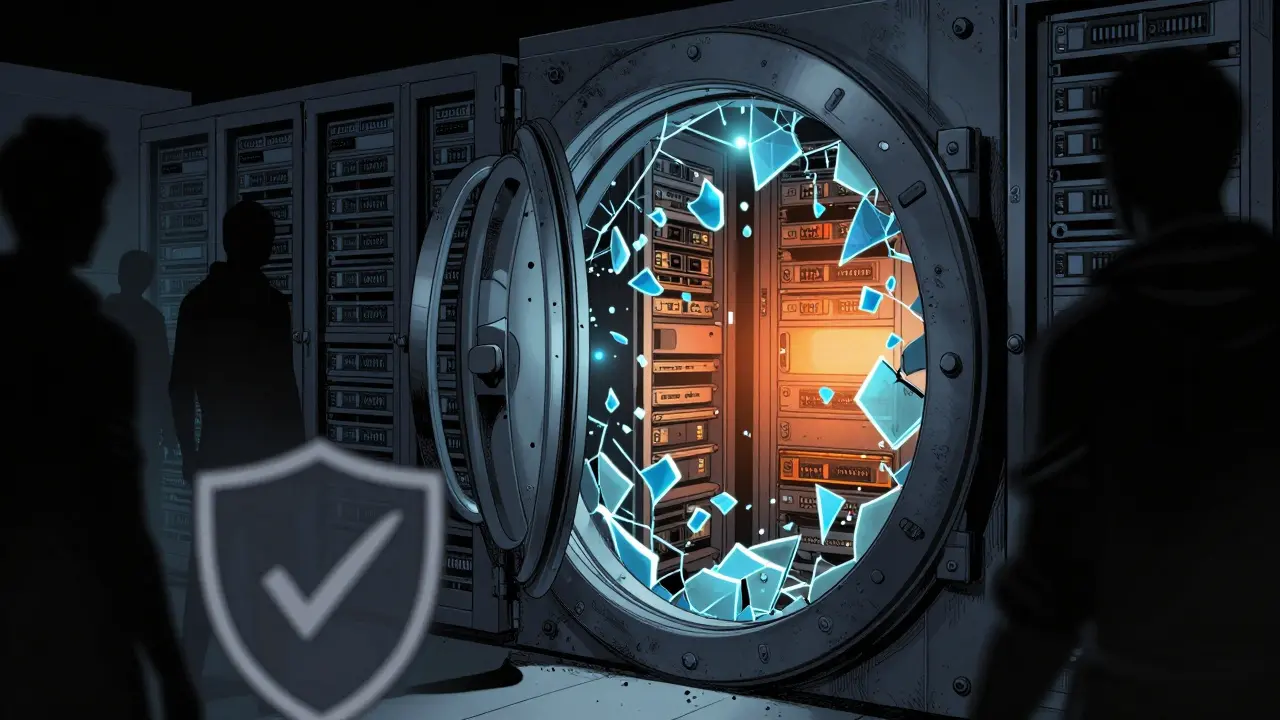 Graphic novel scene of a hacked wallet and secure servers