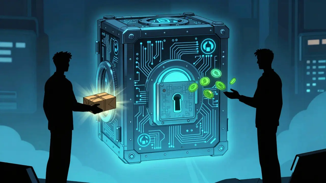 Graphic novel style illustration of two people using a secure digital escrow vault.
