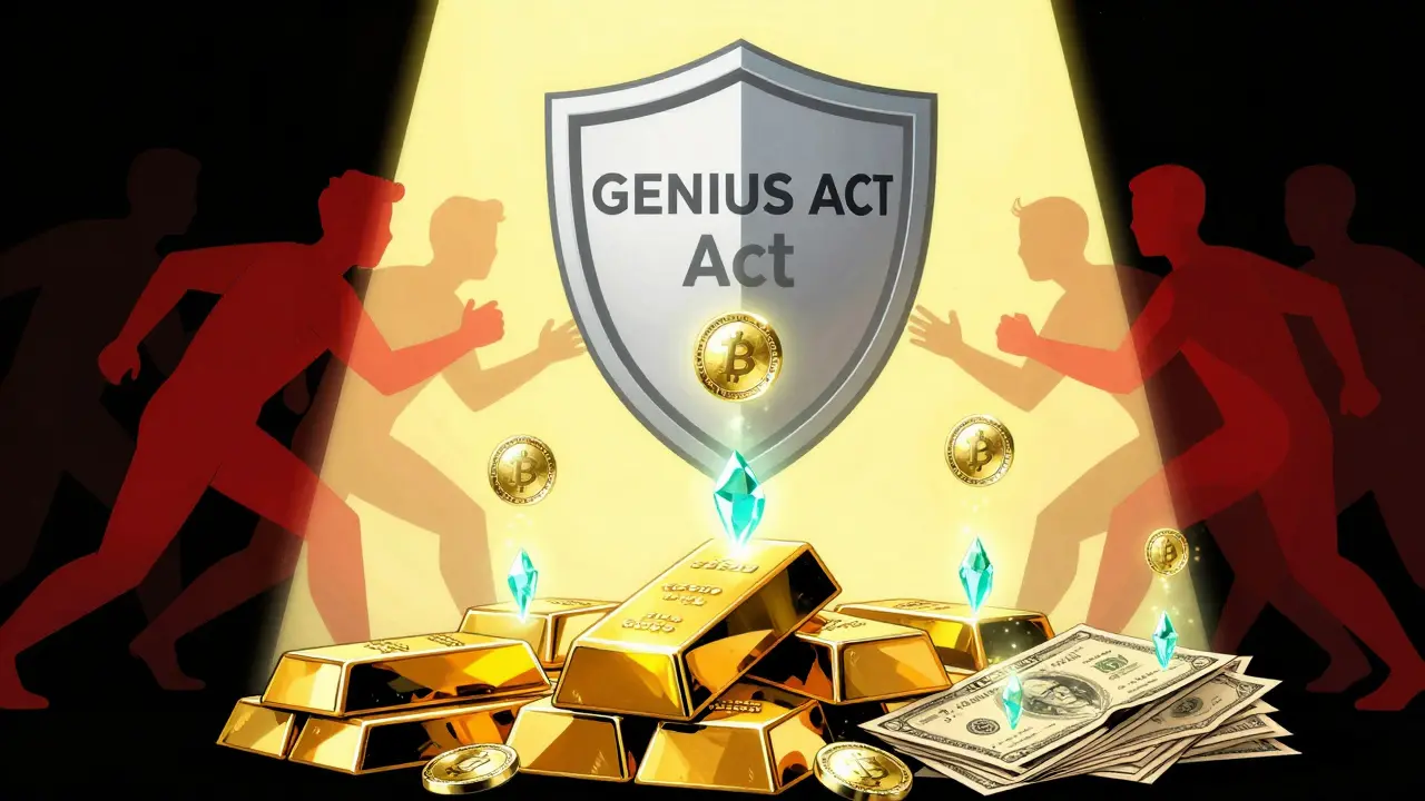 Illustration of physical assets turning into digital tokens under the protective shield of regulation.