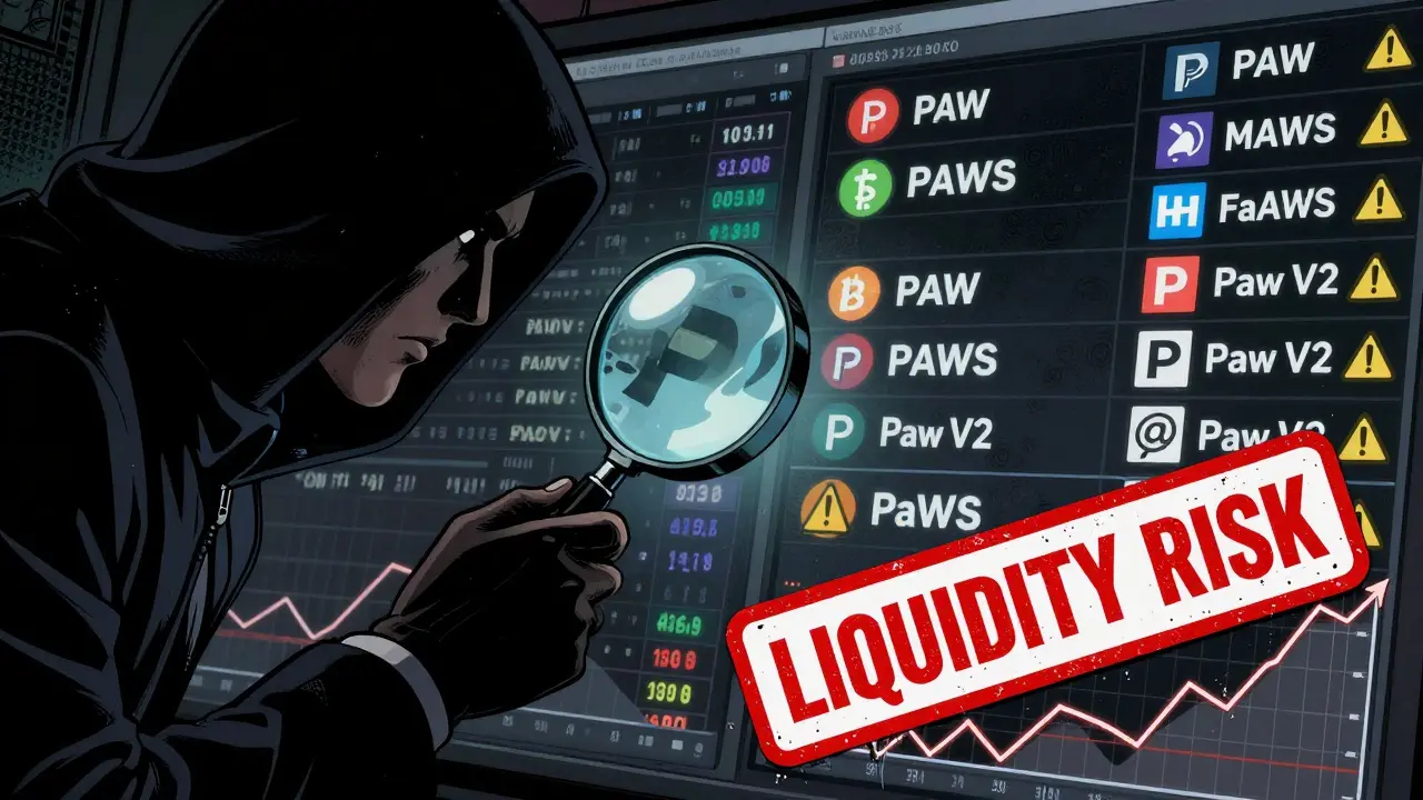 Investor inspecting crypto tokens amidst liquidity risks and imposters