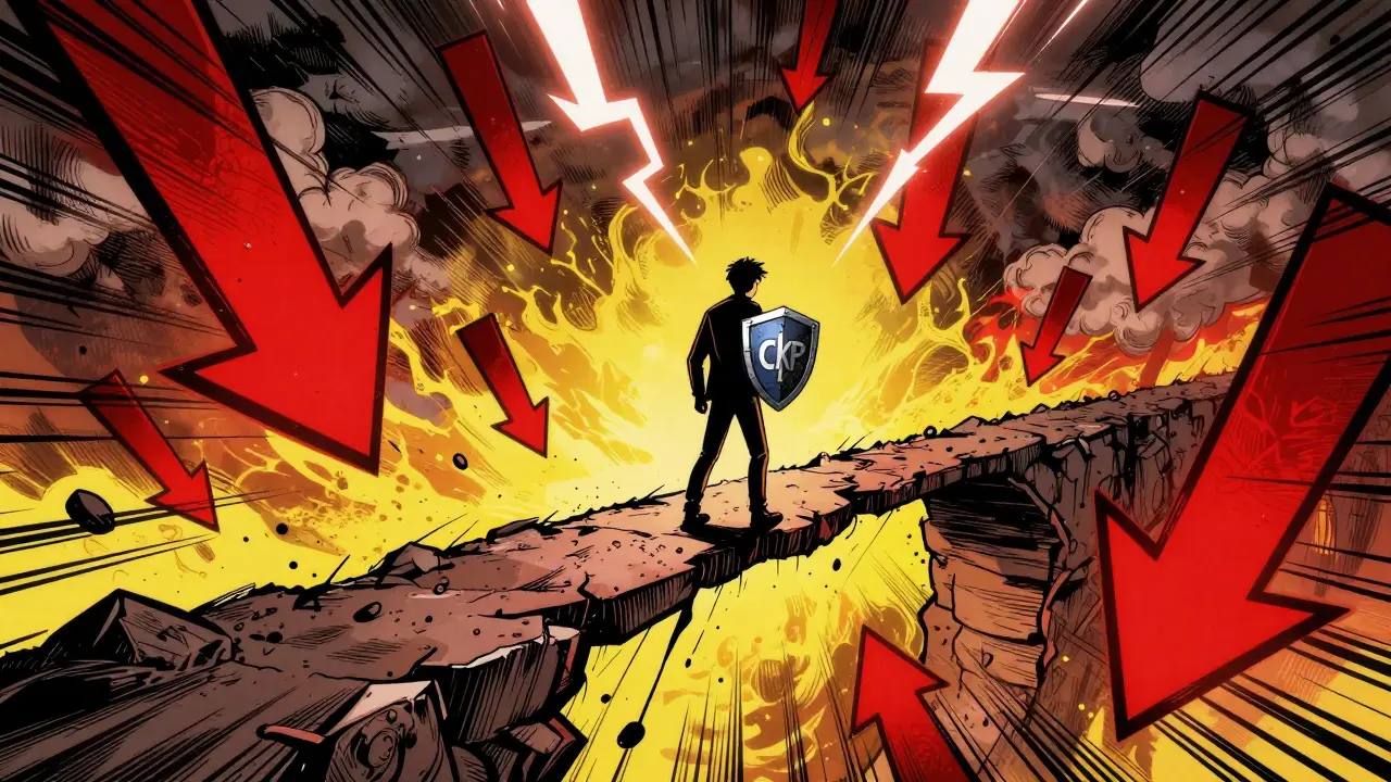 Lone figure on a crumbling bridge over a chaotic red financial abyss