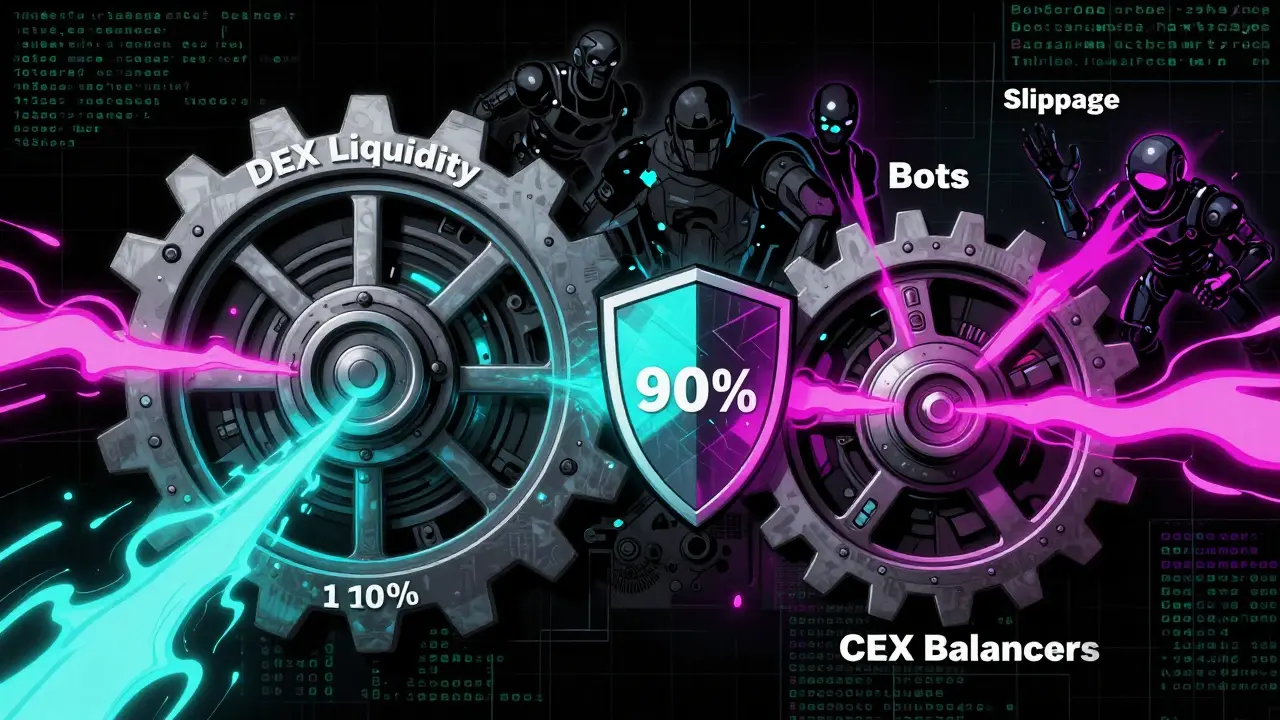 Mechanical gears representing Peanut Protocol balancing DEX and CEX prices against bots