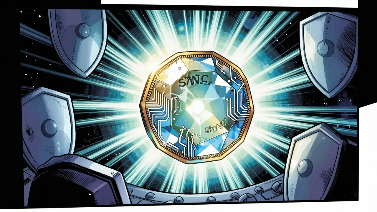 Radiant SYNC token emerging from a secure digital vault with protective shields