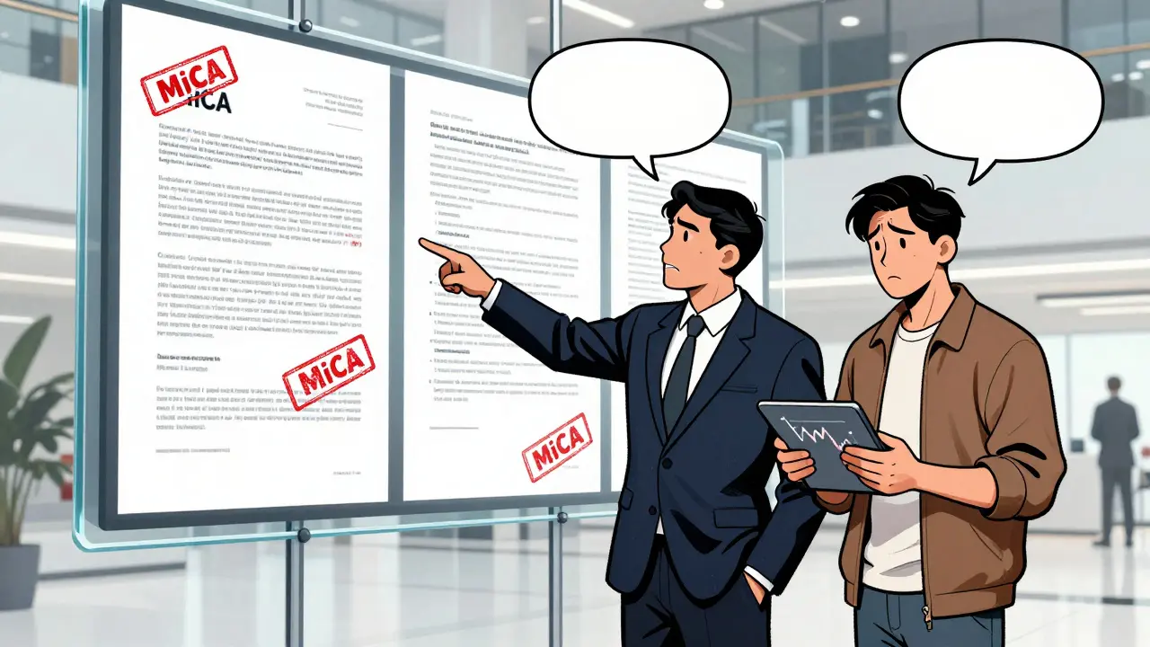 Regulator pointing at MiCA rules while trader looks worried in comic style