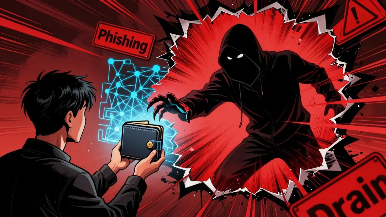 Shadowy scammer reaching for a crypto wallet in a dangerous digital void