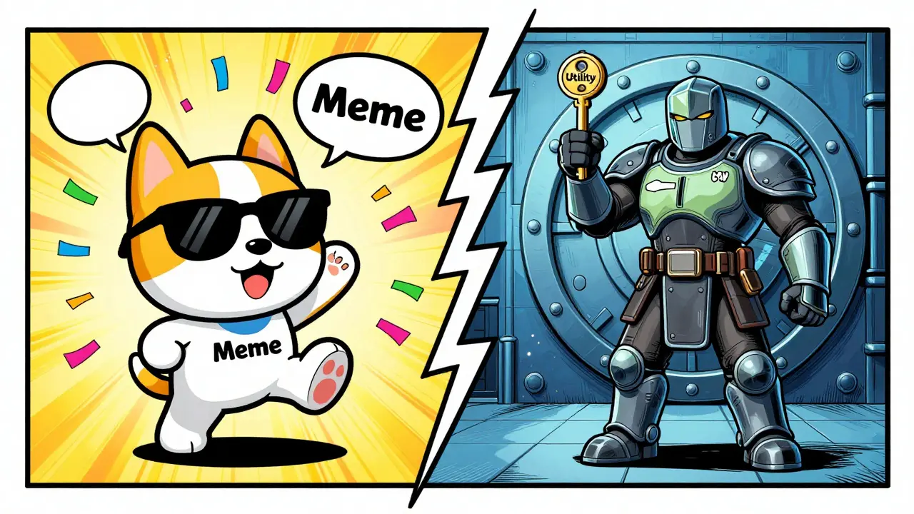 Split illustration contrasting meme branding with utility token functions