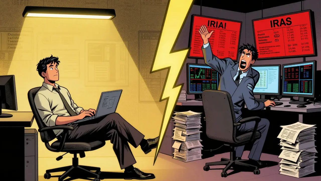 Split scene contrasting relaxed investor with frantic business trader under IRAS rules