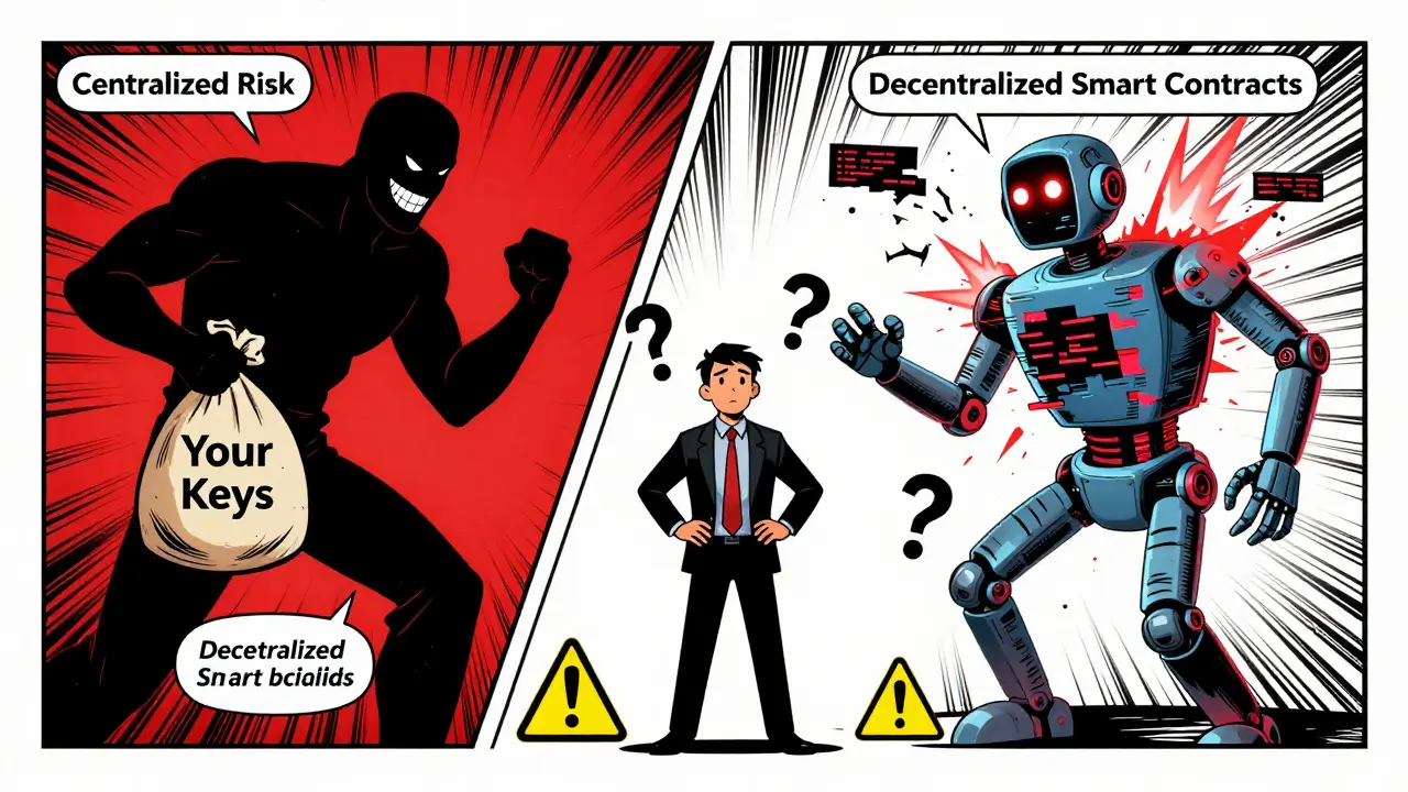 Split view of centralized vs decentralized crypto risks