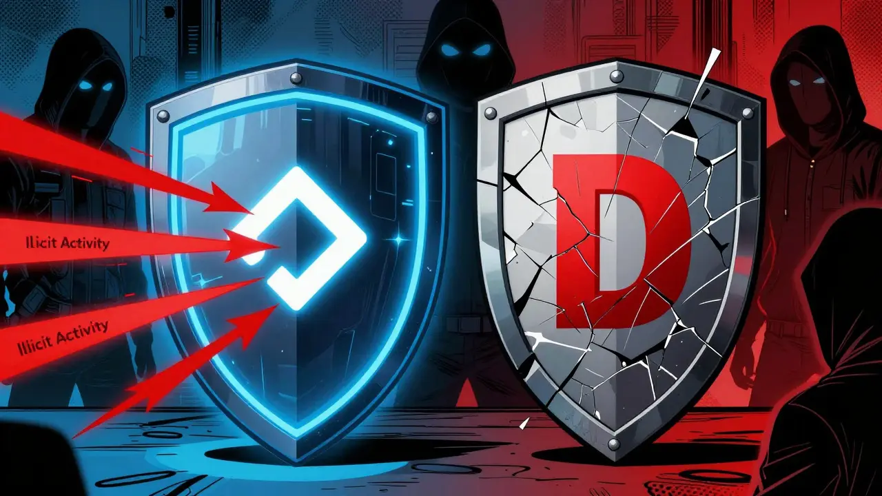 Split view showing strong compliance shield vs weak security rating