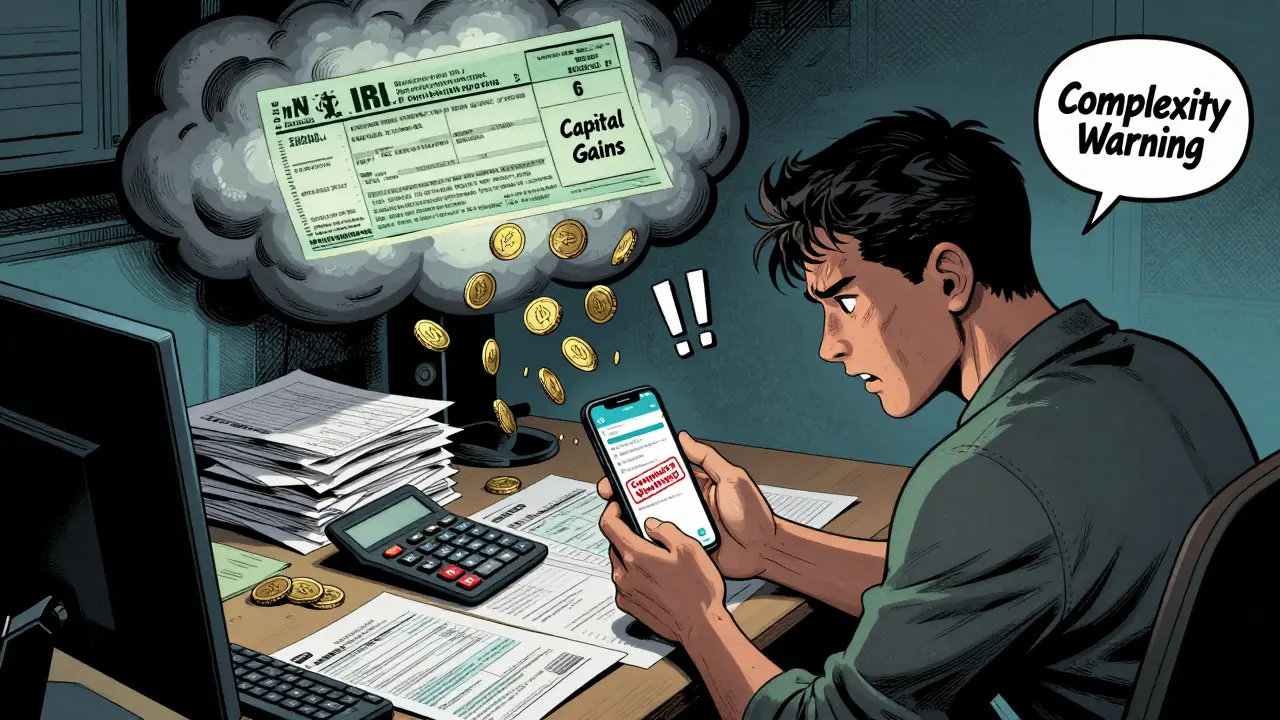 Stressed user dealing with complex crypto tax forms