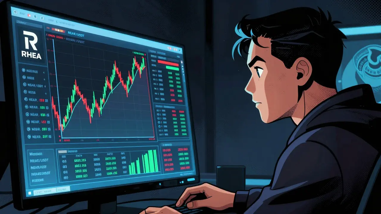 Trader analyzing volatile crypto charts on a holographic screen in graphic novel art