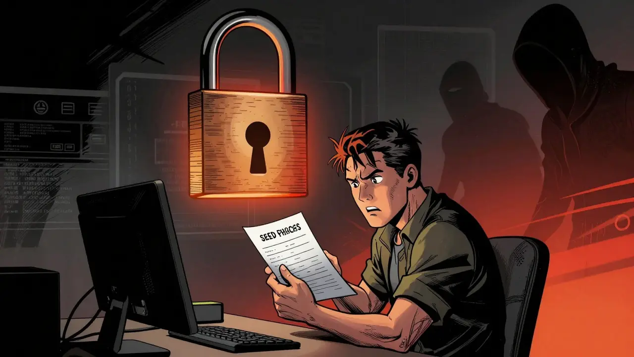 Trader holding seed phrase with looming digital lock and hacker shadows