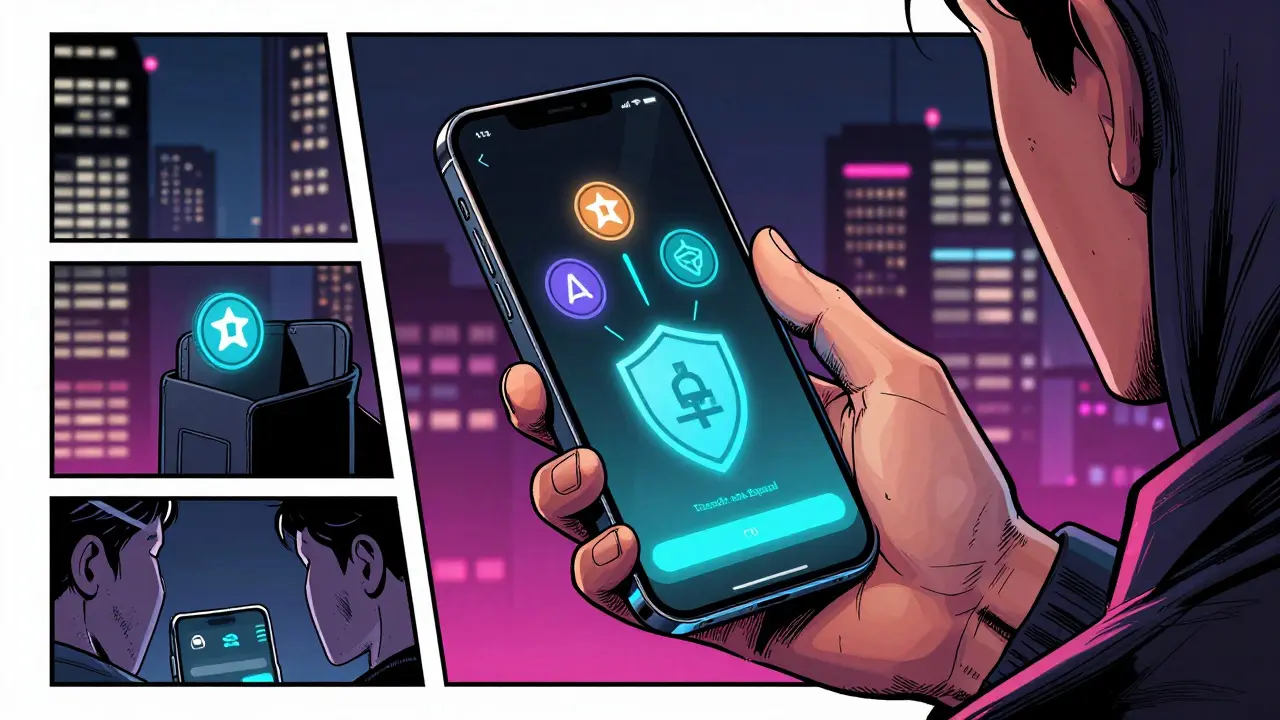 User holding a smartphone transferring crypto assets into a secure digital wallet vault