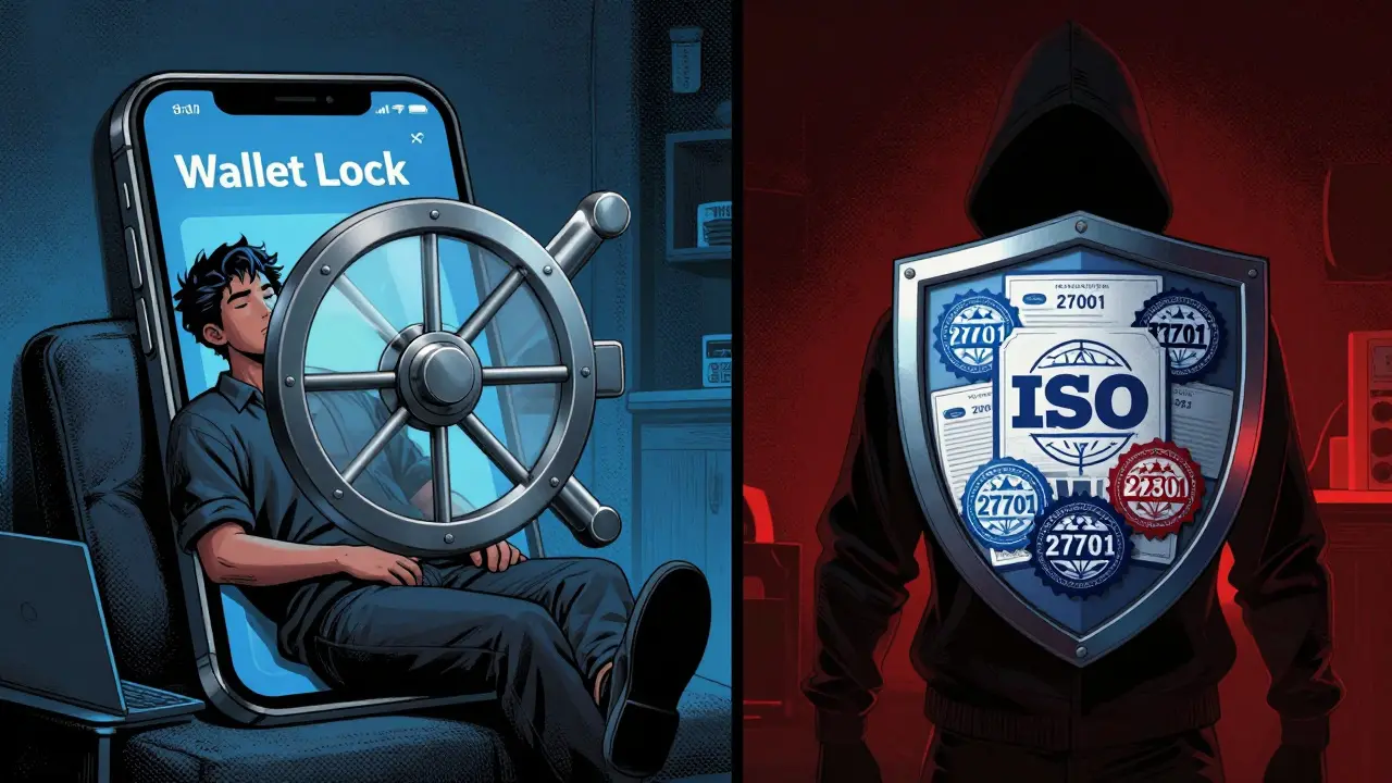 User securing wallet with ISO-certified protection shield