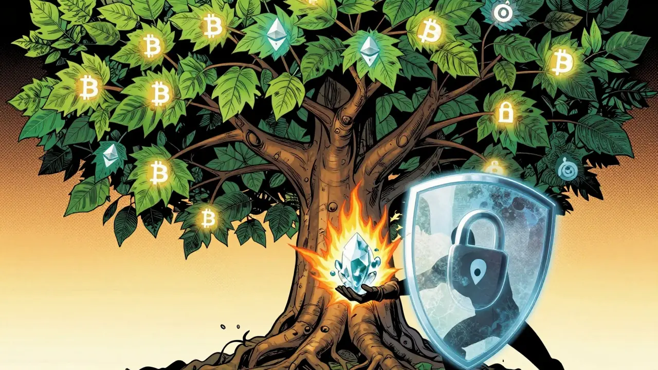 A glowing seed grows into a tree of crypto addresses, protected by a security shield from threats.