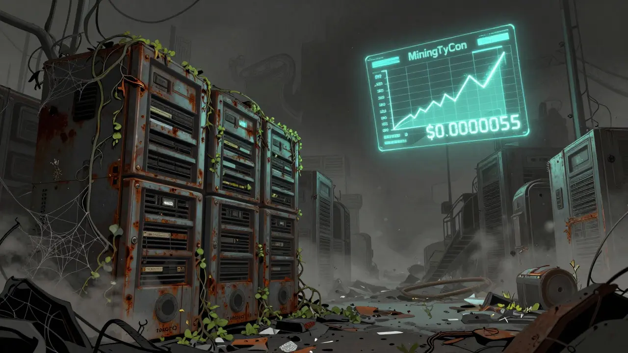 Abandoned virtual mining server room with crashing price graph