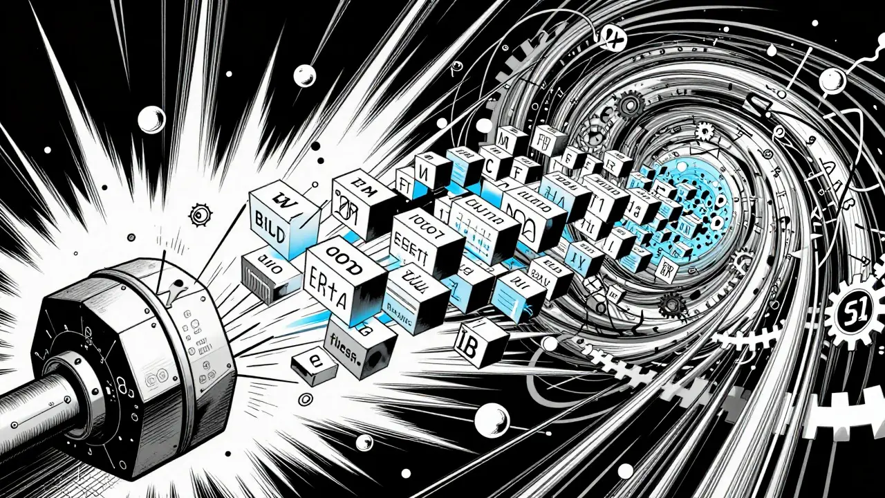 Abstract comic art showing random data transforming into ordered word blocks via cryptographic filters.