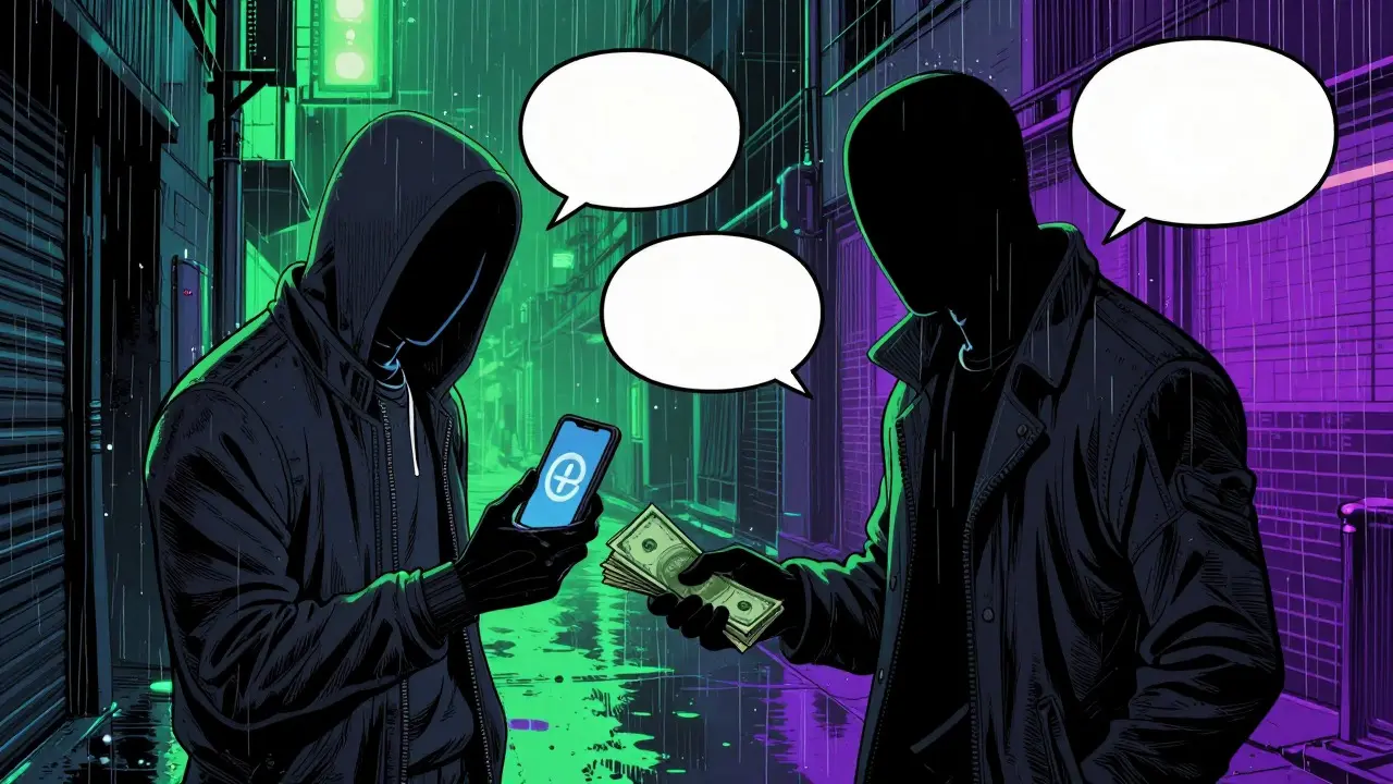 Anonymous figures conducting secret cash-for-crypto trade in neon alley