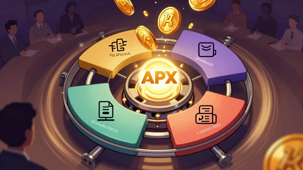 APX token utility flywheel with staking and liquidity rewards
