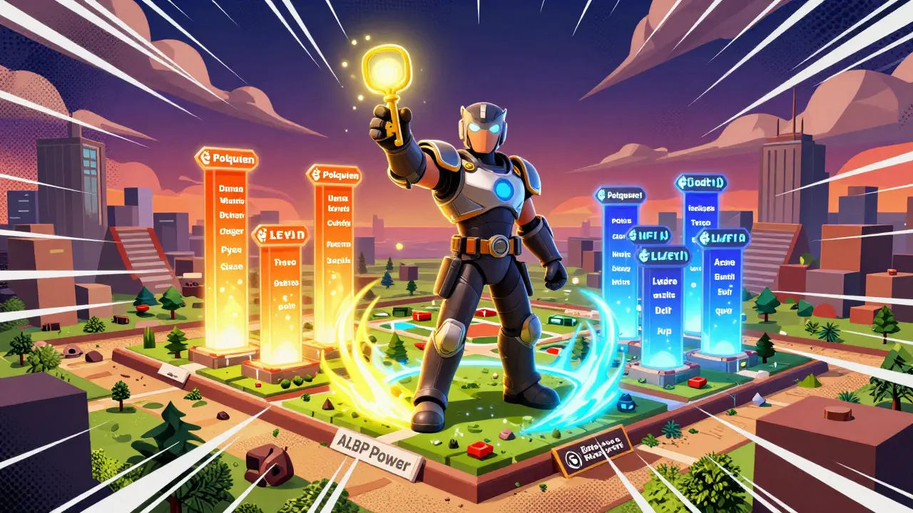 Armored avatar standing on virtual land with glowing power keys in comic style
