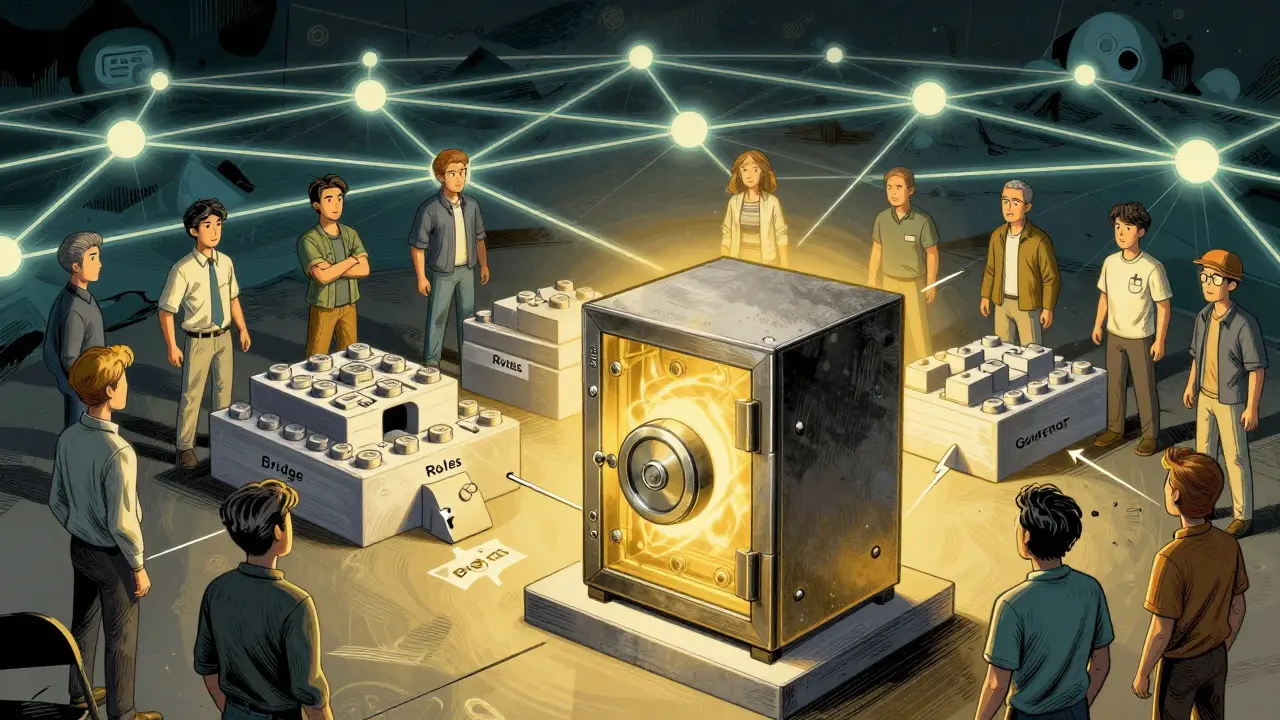 Builders adding modular Zodiac components to a secure Gnosis Safe vault in comic style.