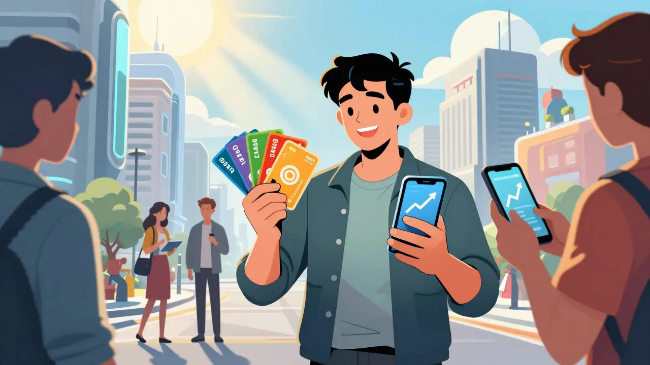 Citizens exchanging digital tokens for real-world rewards in comic art