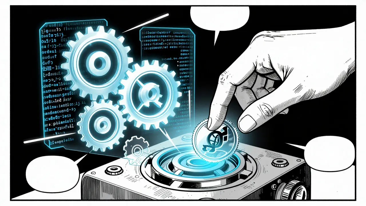 Close-up of transparent smart contract gears processing digital assets in graphic novel style