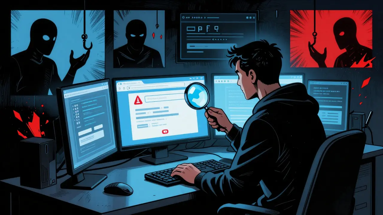 Comic style image of a user investigating a suspicious crypto website with a magnifying glass.