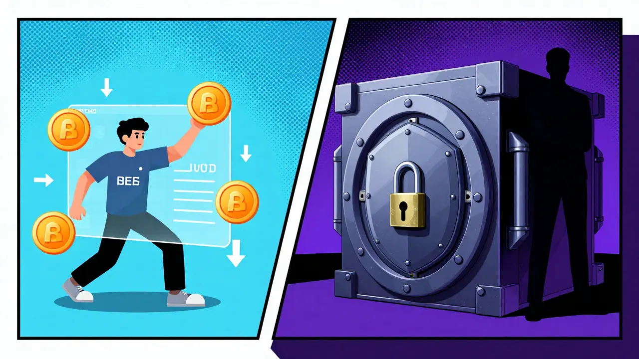 Comic style split view of Base network trading and Polygon secured bond vaults