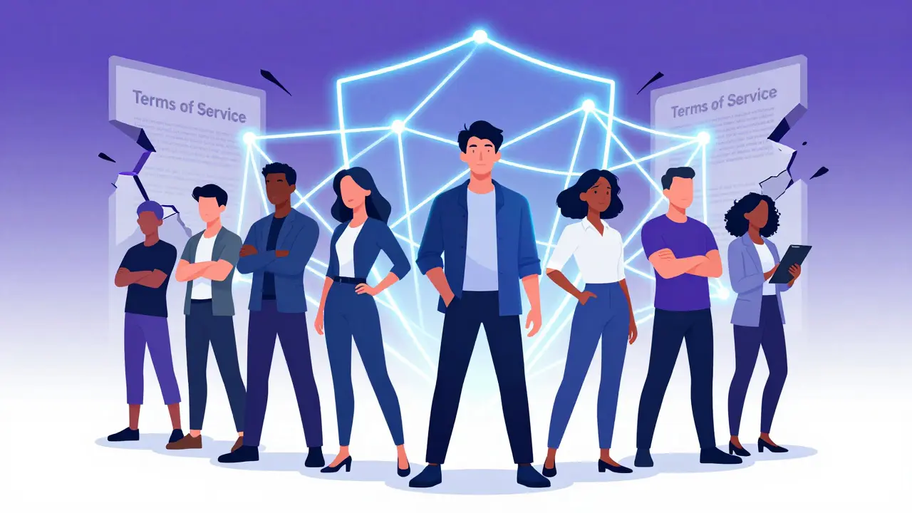 Creators united by glowing network shield against crumbling old rules