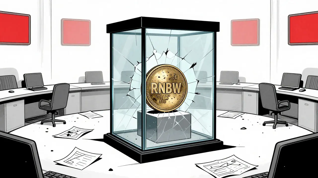 Desolate trading floor with single dusty RNBW coin showing zero liquidity