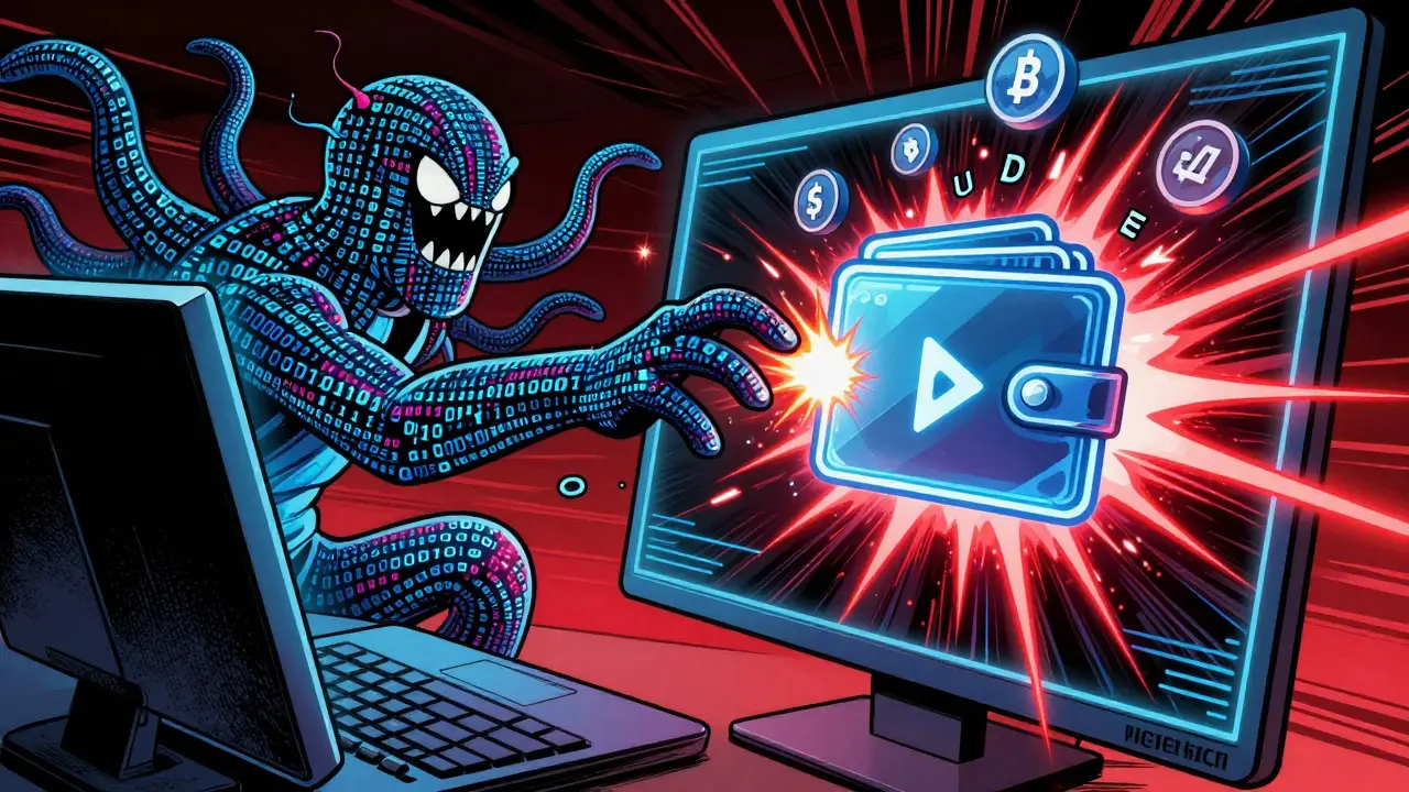 Digital monster draining crypto wallet with code tentacles in comic art