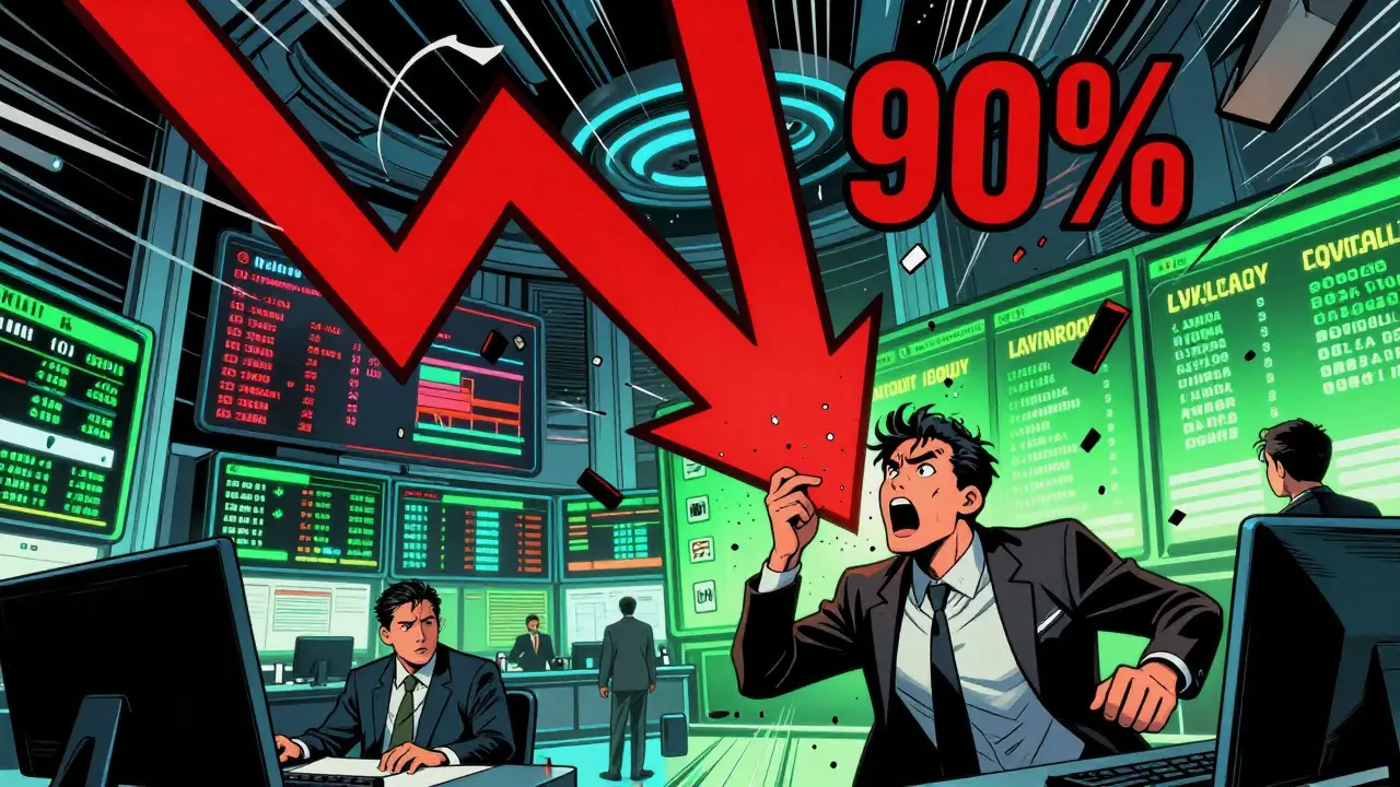 Dynamic comic panel showing a trader reacting to a massive red arrow crashing down, symbolizing price volatility.