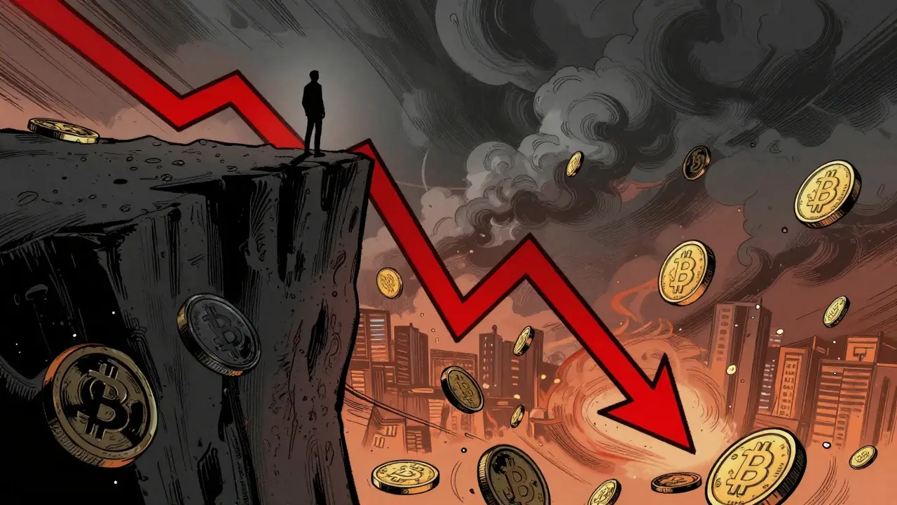 Figure standing on a cliff edge overlooking falling coins, symbolizing market risk in comic art