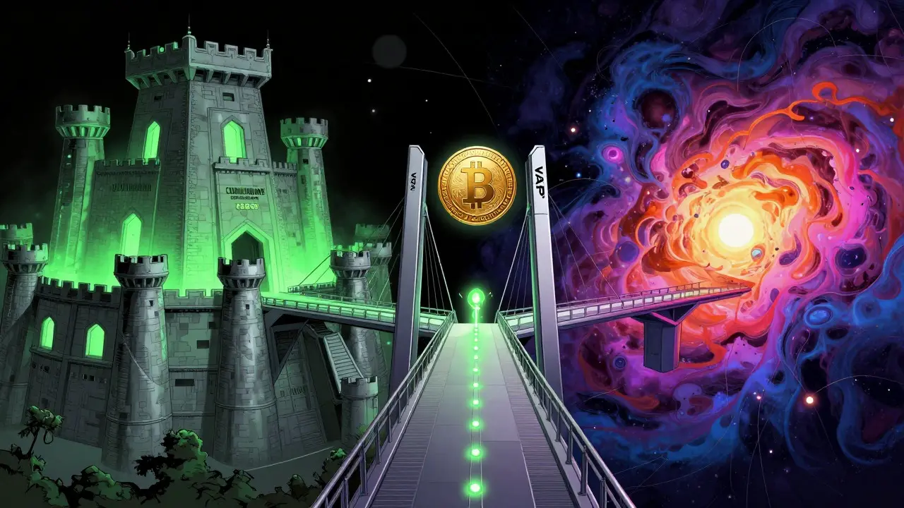 Futuristic bridge connecting traditional banks to regulated crypto