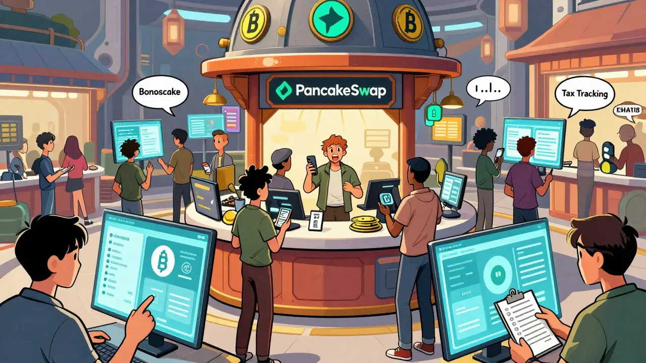 Futuristic crypto marketplace with users trading tokens and tracking rewards in comic art.