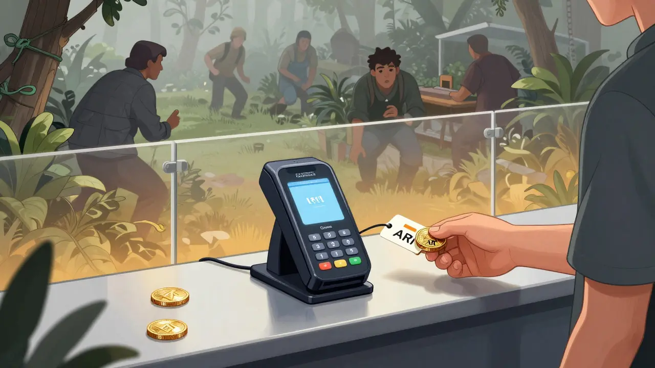 Graphic novel scene of a merchant accepting ARI tokens at a crypto terminal within a secure, walled ecosystem.