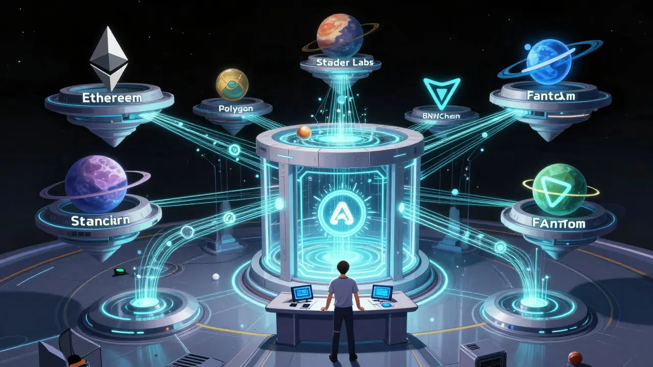 Graphic novel style hub connecting multiple blockchain networks through Stader's infrastructure.