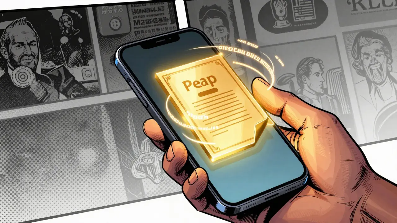 Hand holding phone displaying glowing NFT deed verifying ownership