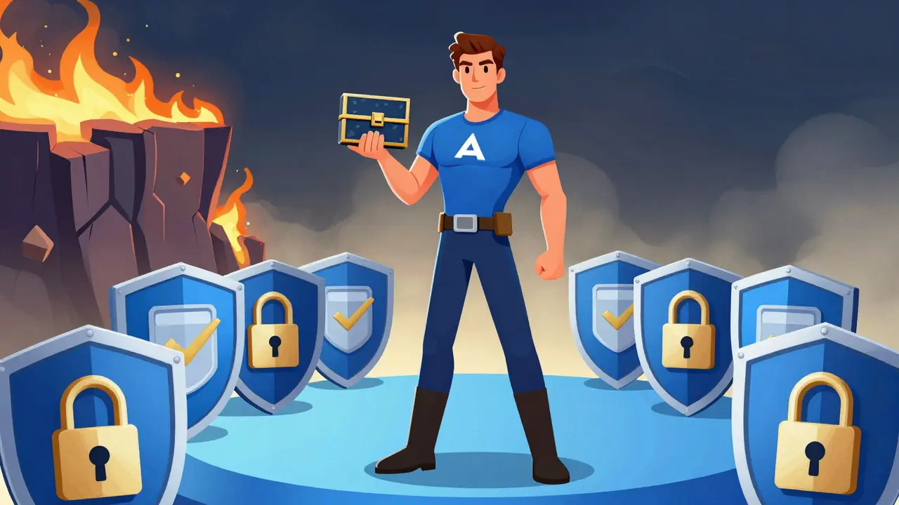 Hero protecting assets with security shields against a dangerous backdrop