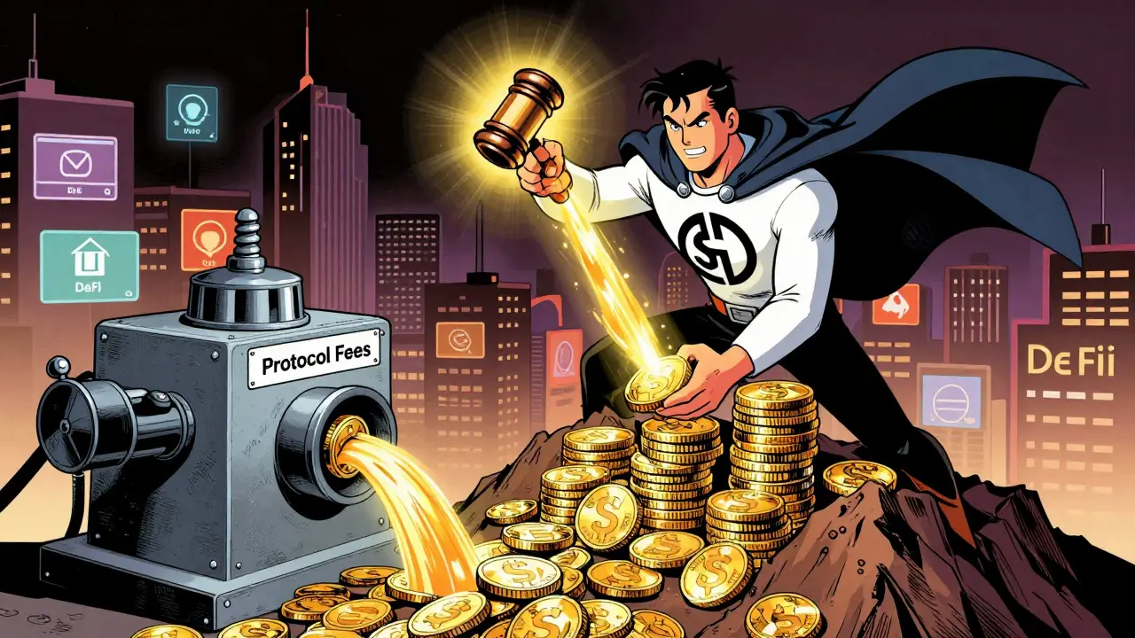 Heroic figure collecting fee rewards and wielding governance power with the SD token.