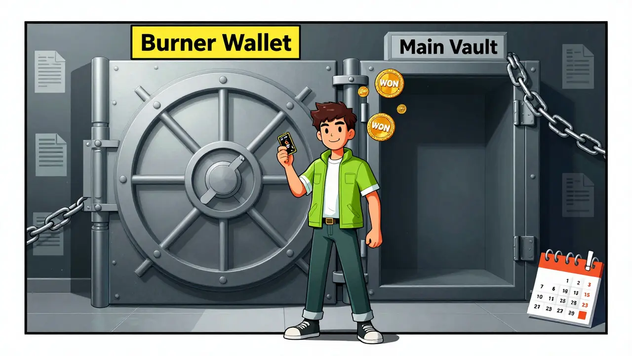 Illustration of a burner wallet protecting main assets while claiming WON tokens safely.