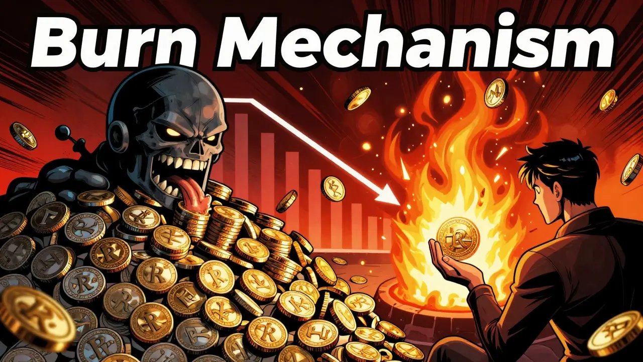 Illustration of REAL tokens burning in a furnace to reduce supply and increase value