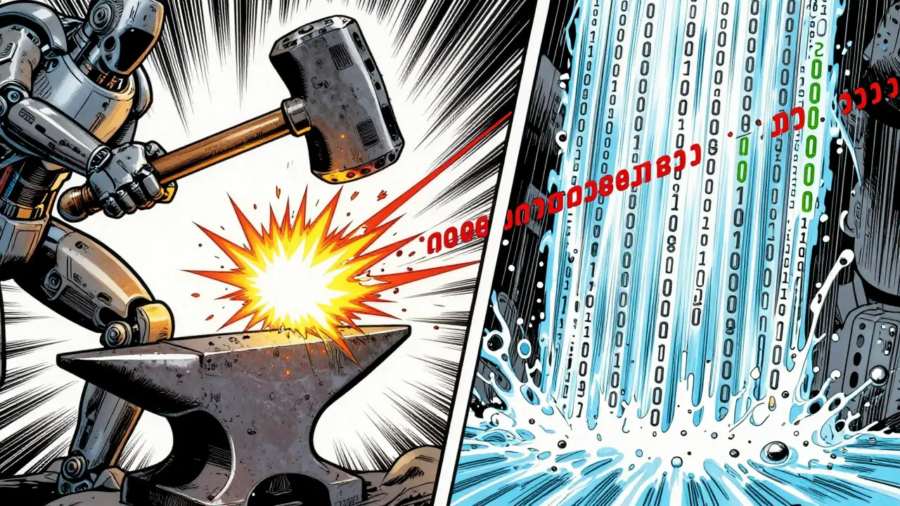 Mechanical hammer striking anvil with binary code waterfall in graphic novel art
