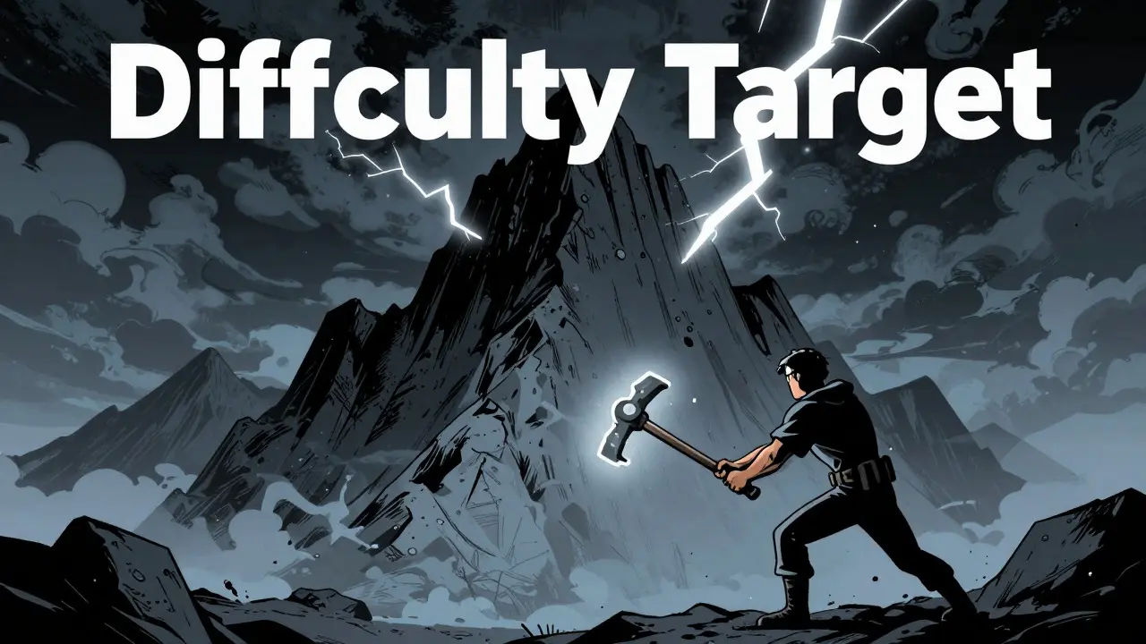 Miner swinging tool at towering Difficulty Mountain in comic book style