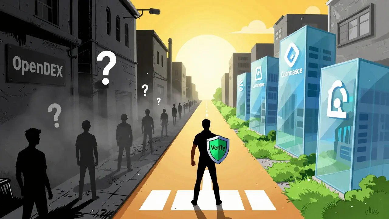 Protagonist choosing safe exchange path over dark scam alleyway