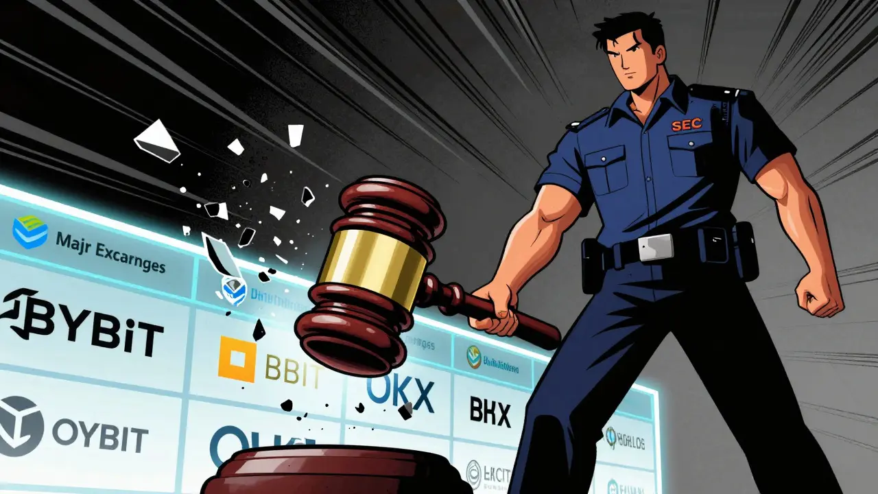 SEC gavel smashing blocked crypto exchange logos