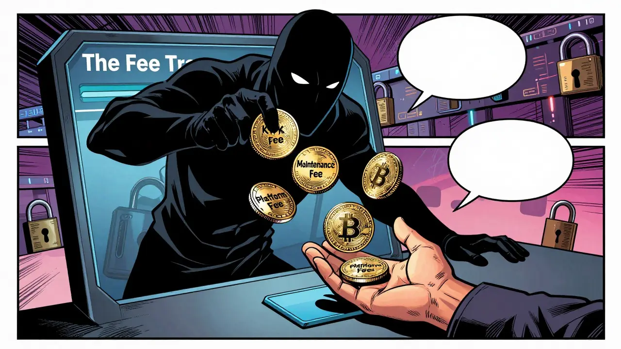 Shadowy figure dropping fake fees onto trapped crypto user's hand