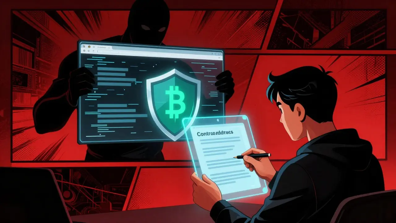 Shadowy scammer trying to steal a digital wallet while user verifies security